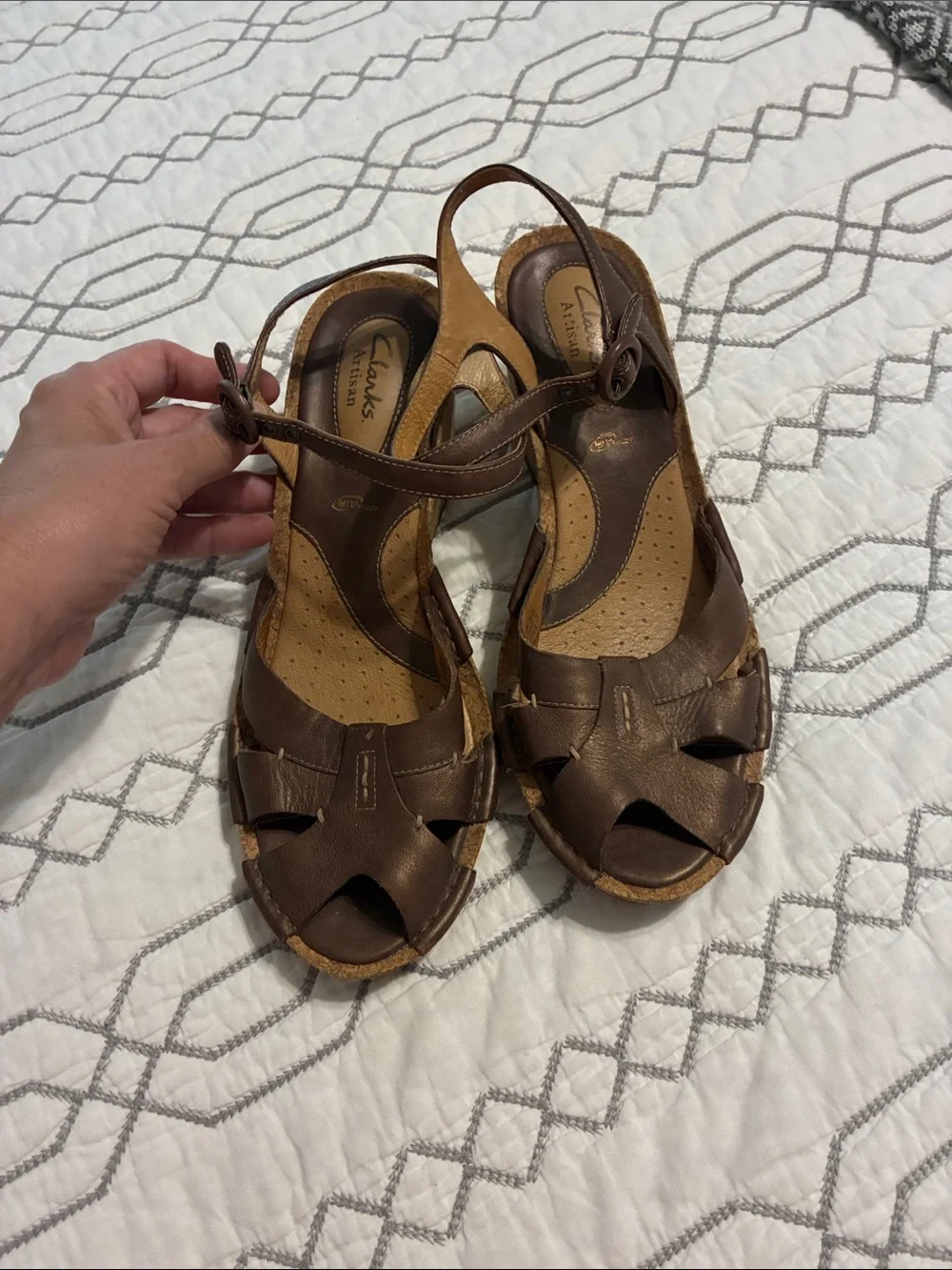 Clarks Brown Leather Slingback Wedge Sandals with Cutout Toe